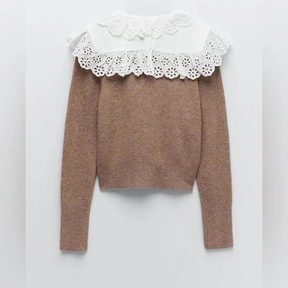 Zara sweater beige camel tan knitted collar lace - Picture 6 of 7